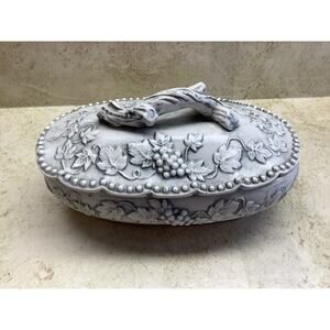 Vintage Grapevine Porcelein Lidded Dish Featuring Intricate Raised Relief Design